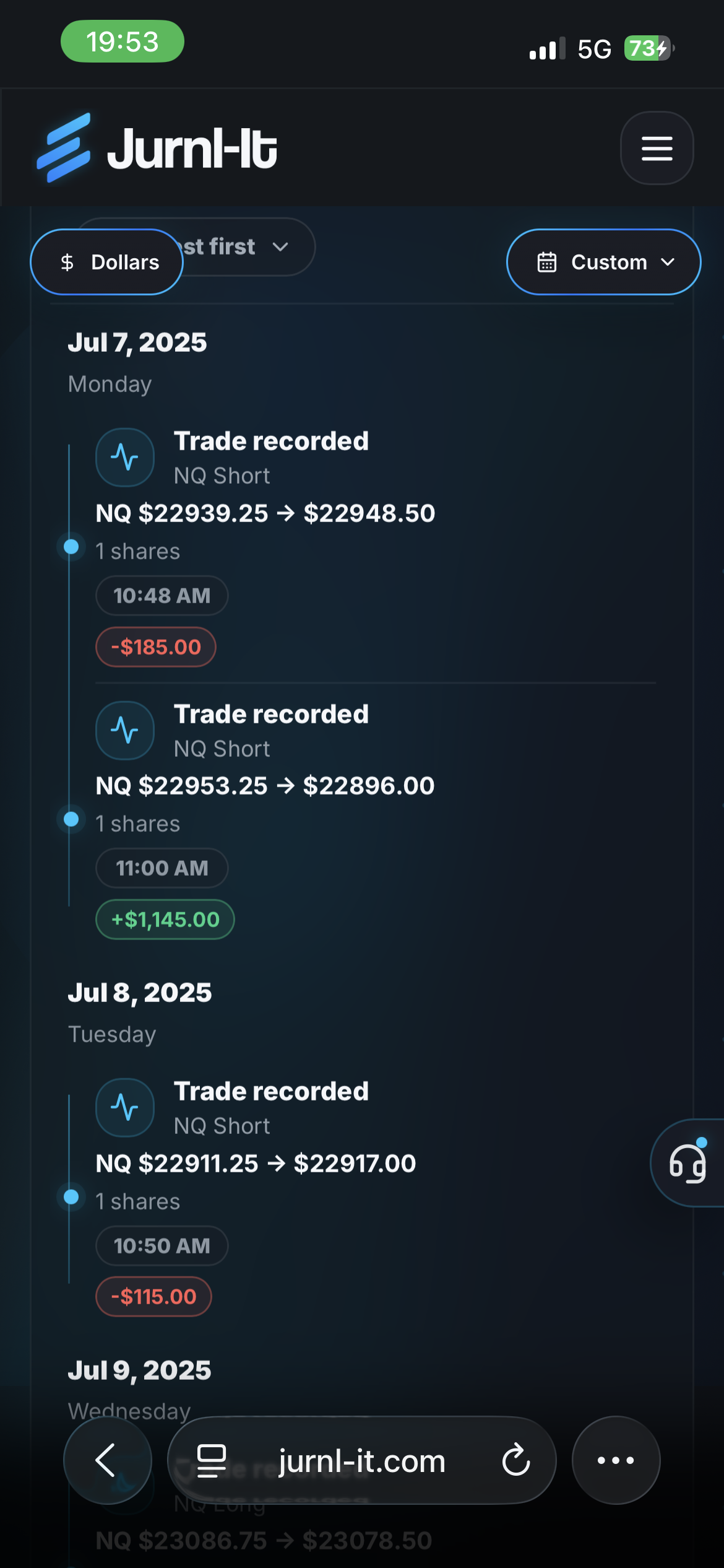 Jurnl-It mobile activity history showing chronological trade records, entries, exits, times, and P/L.