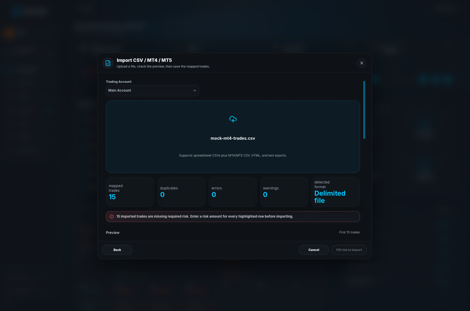 Jurnl-It CSV, MT4, and MT5 import upload showing account selection, detected file details, and validation summary.