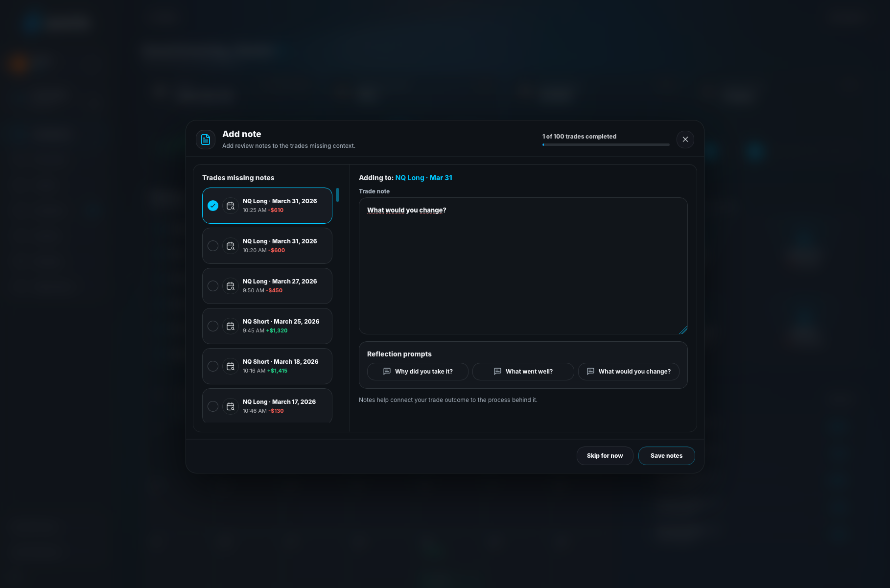 Jurnl-It trade notes workflow showing a review queue, note editor, and reflection prompts.